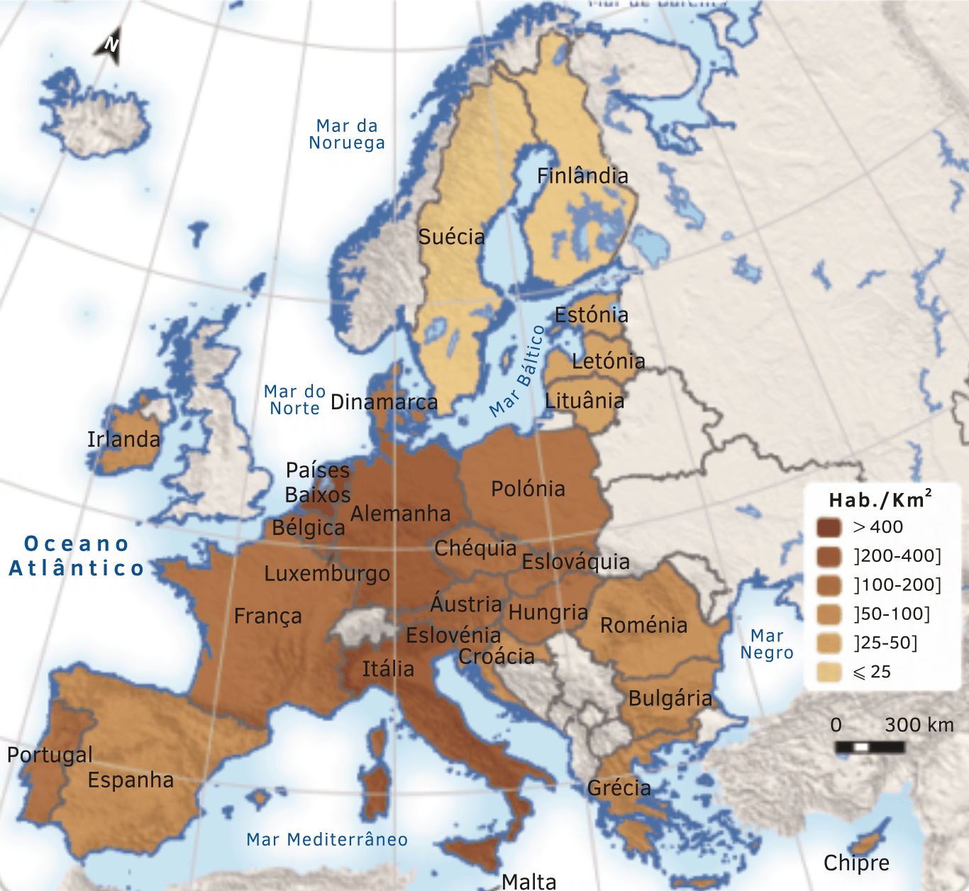 Densidade populacional na Europa.