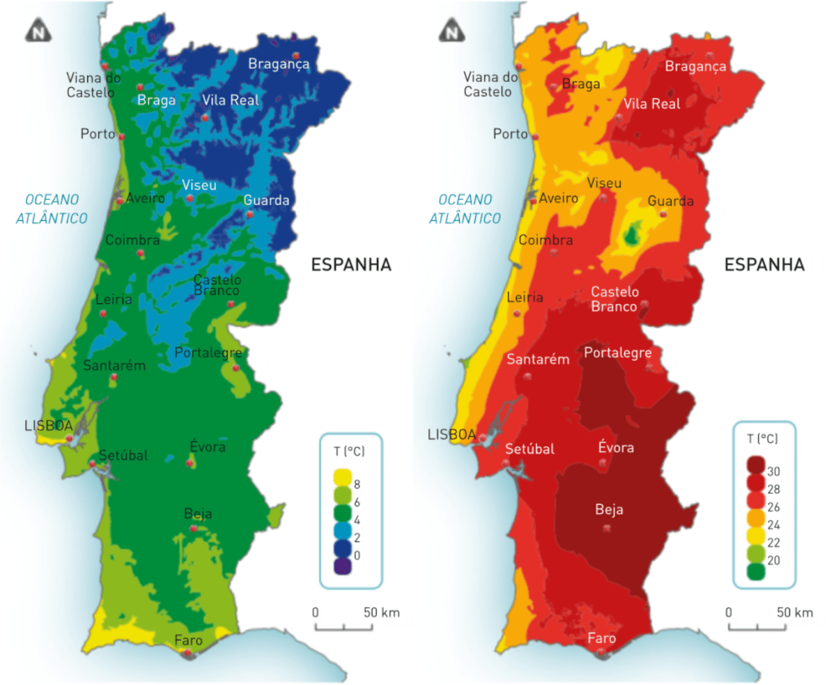 Isotérmicas de janeiro e de julho em Portugal.