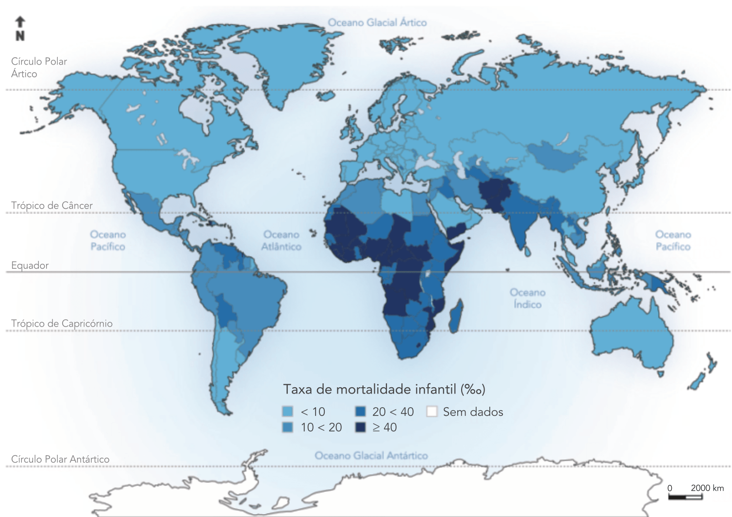 Distribuição mundial da Taxa de mortalidade infantil, em 2020