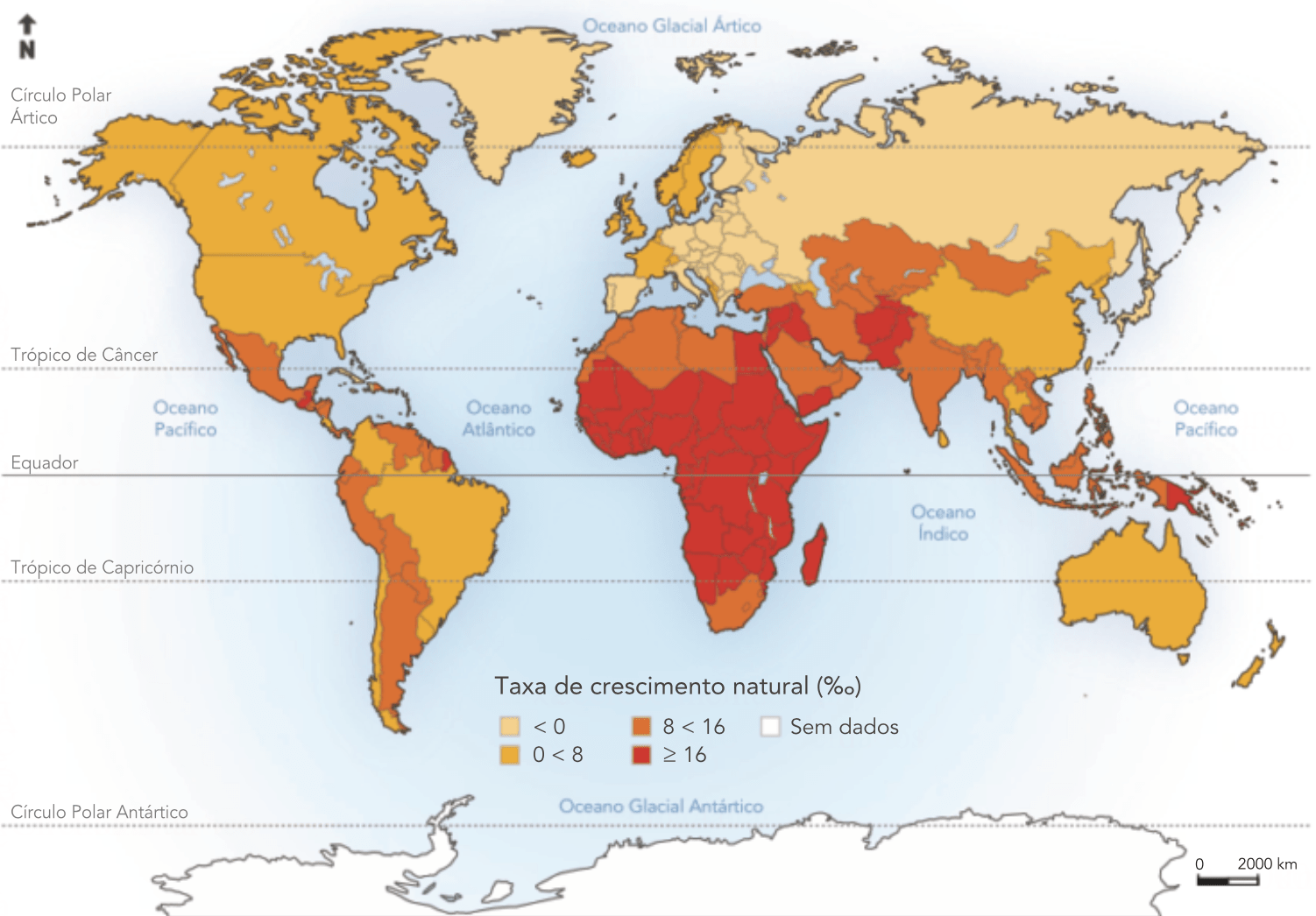 Distribuição mundial da Taxa de crescimento natural, em 2020