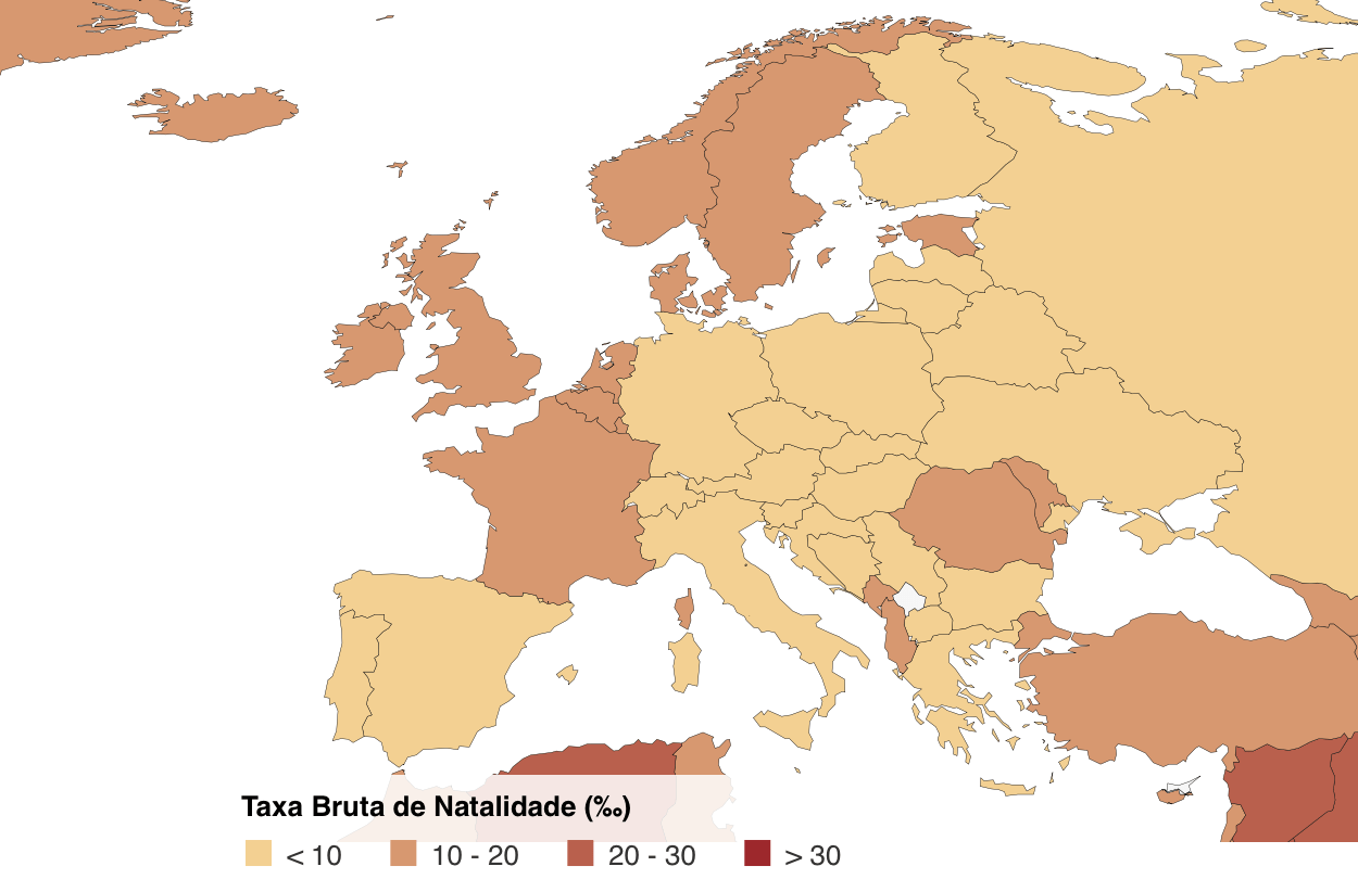 Distribuição da Taxa bruta de natalidade na Europa, em 2022.